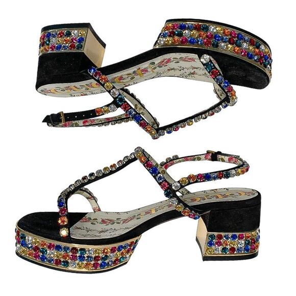 Gucci Mira Crystal Embellished Platform Sandals EU 37.5 US 7.5  Strappy Black - Picture 5 of 11